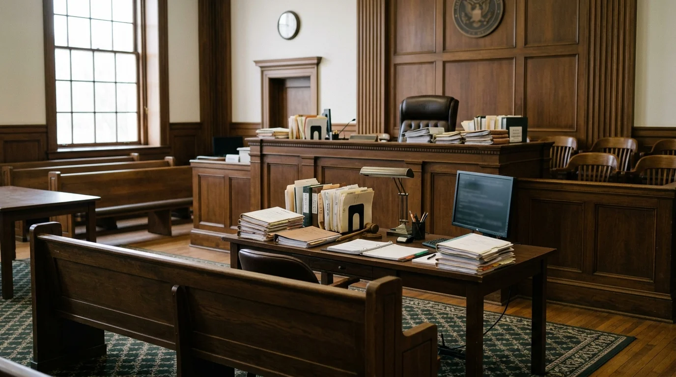 Neutral courtroom scene with documents on a desk