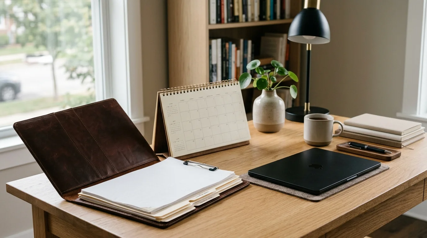 Folder with case files and a desk workspace in a legal office, no text, realistic editorial style